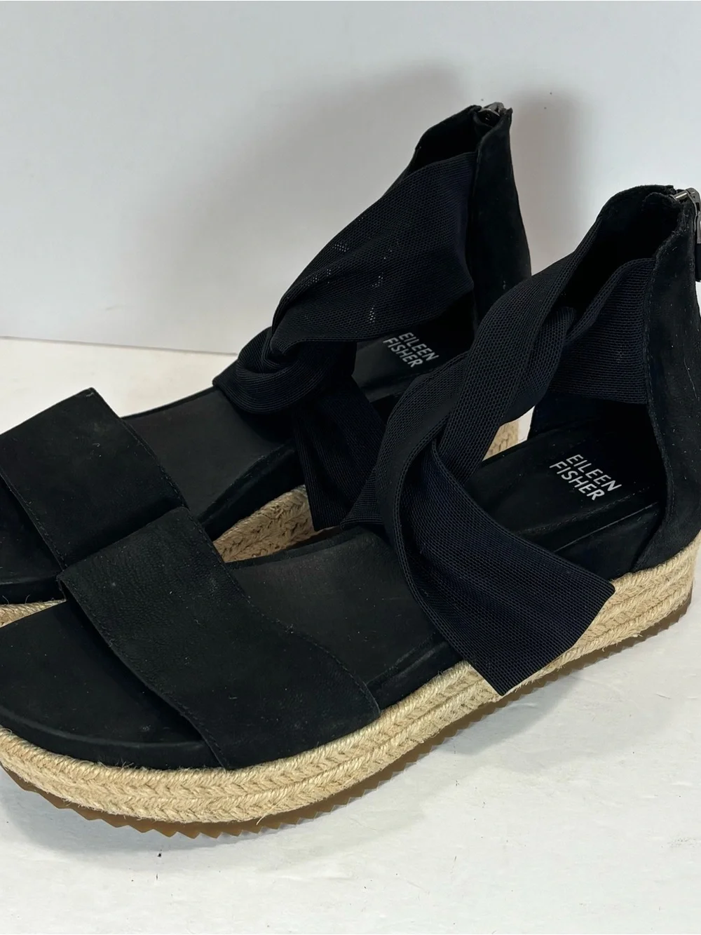 Eileen Fisher Wisp Espadrille Wedge Wrap Sandals Women 8 Black Preppy Boho